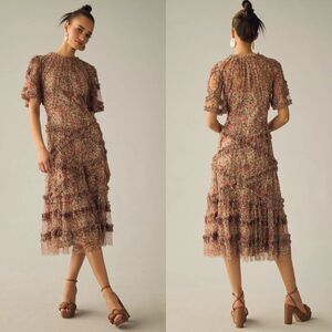 Mac Duggal 8010 Size 10 Beige Floral Flutter Sleeve Ruffle Mesh Print Midi Dress